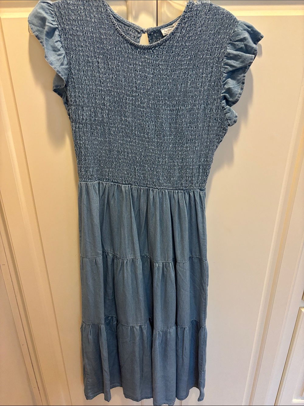Chambray Smocked Tiered Midi Dress with Ruffle Sleeves - size small - NWT